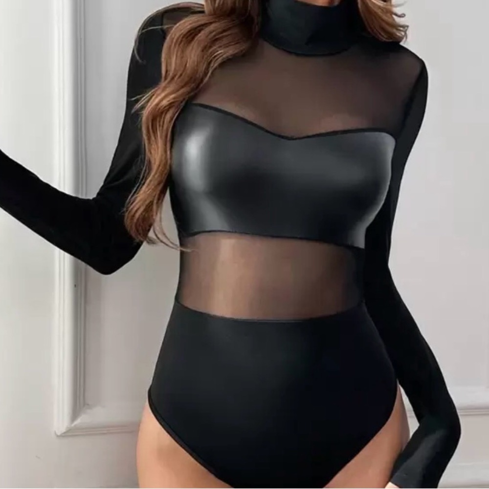 Black Sheer Mesh Long Sleeve Bodysuit